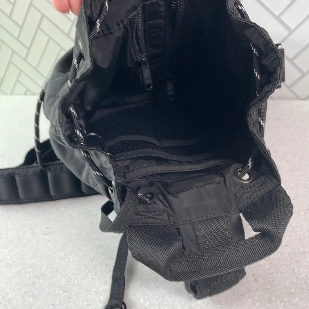 Dagne Dover Nova Sling Drawstring Crossbody Backpack Onyx Black Nylon Bucket Bag